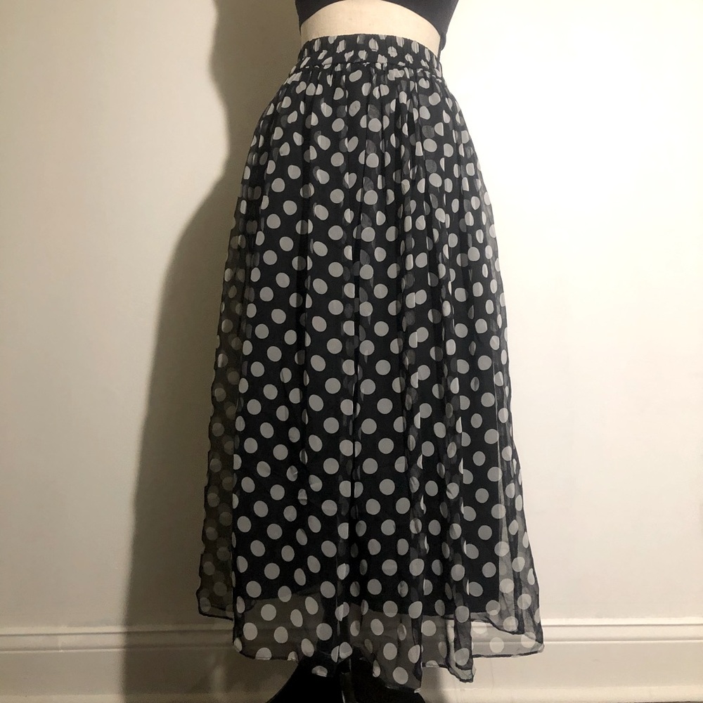 Vintage black and white polka dot two layer long skirt size small